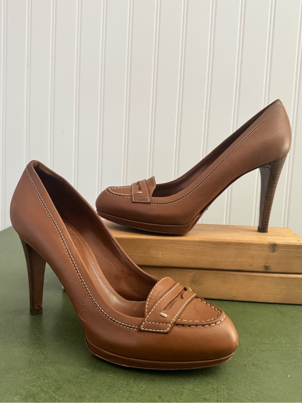 Sergio Rossi Menswear Inspired Penny Loafer Heels in Brown Leather *Italy*